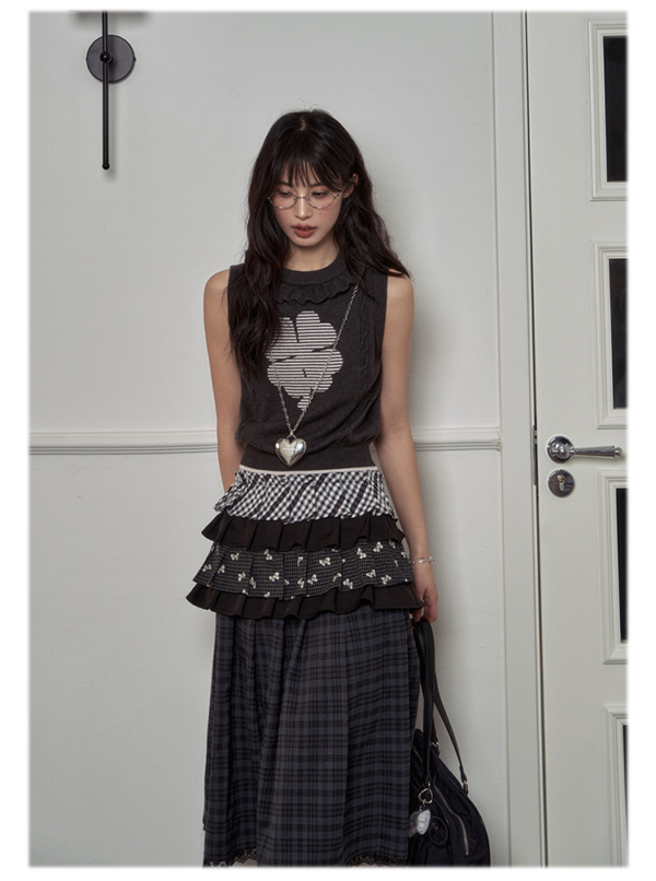 【KYOUKO HOUSE】 Wool Sleeveless Pullover Waist Vest, Vintage Dark Green Checked Skirt Set